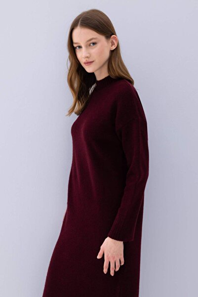 DeFacto Relax Fit Yarım Balıkçı Yaka Midi Triko Bordo Elbise D8596AX24WN