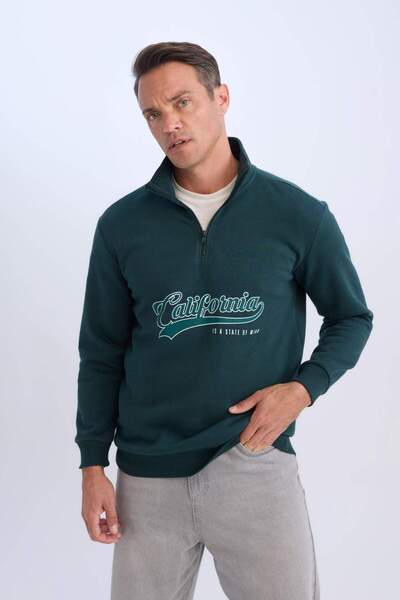 DeFacto Relax Fit Dik Yaka Fermuarlı Baskılı Kalın Sweatshirt D2167AX24AU