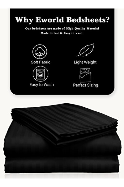 Eworld 3 Piece Black Striped Cotton Double Bed Sheet Set – Fitted Sheet & 2 Pillowcases