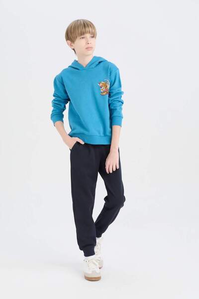 DeFacto 2'li Baskılı Sweatshirt Beli Lastikli Eşofman Altı Mavi Erkek Çocuk Alt-Üst Takım D6872A8/BE