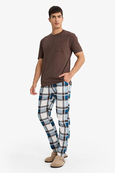 DeFacto Regular Fit Pijama Takımı Bisiklet Yaka Uzun Kollu Üst Kareli Uzun Alt D8213AX24WN