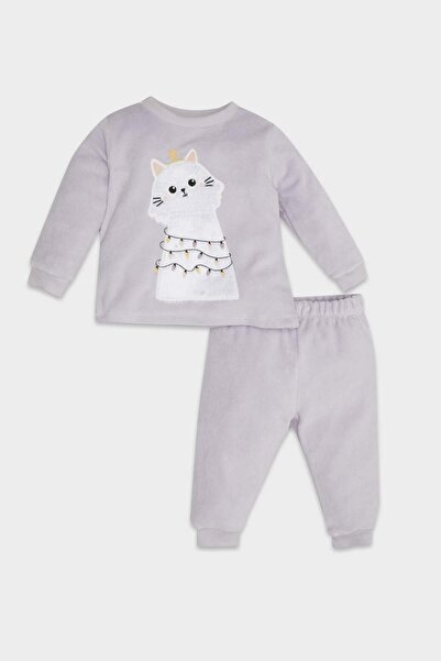 DeFacto Kız Bebek Pijama Takımı Bisiklet Yaka Yılbaşı Temalı Uzun Kollu Velur Üst Beli Lastikli Uzun Alt D71
