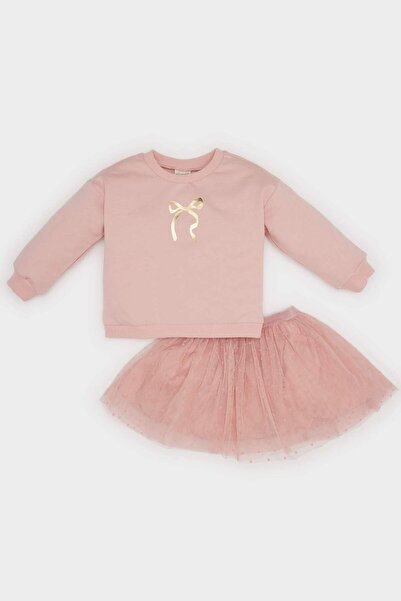 DeFacto Kız Bebek 2li Takım Bisiklet Yaka Parlak Baskılı Sweatshirt Tütü Etek D6269A524WN