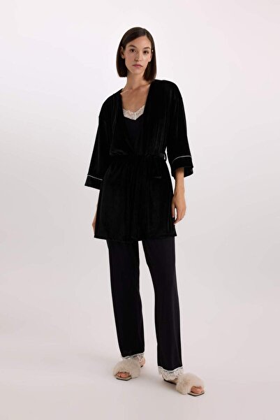 DeFacto Regular Fit Wrap Collar Velvet Half Sleeve Dressing Gown-Fall in Love D6447Ax24Wn