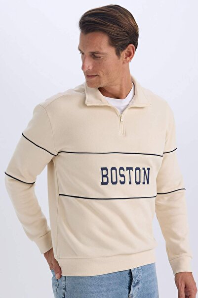DeFacto Relax Fit Dik Yaka Fermuarlı Baskılı Kalın Sweatshirt D2166AX24AU