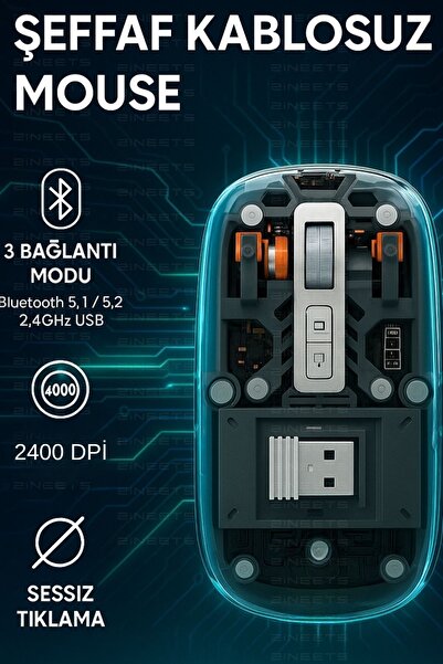 Zineets Çift Modlu Kablosuz Bluetooth Şeffaf Mouse Şarj Edilebilir Sessiz Tıklama Tablet Telefon PC Uyumlu