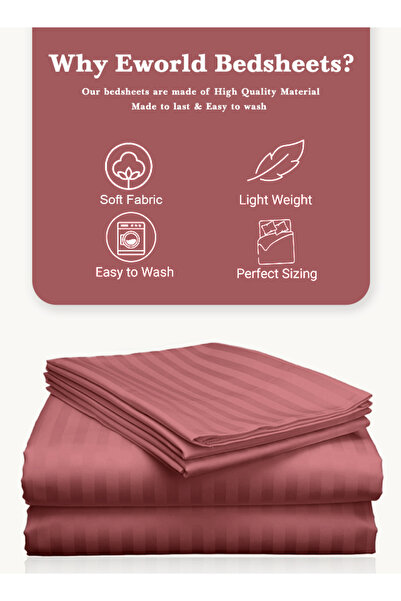 Eworld 3 Piece Maroon Striped Cotton Double Bed Sheet Set – Fitted Sheet & 2 Pillowcases