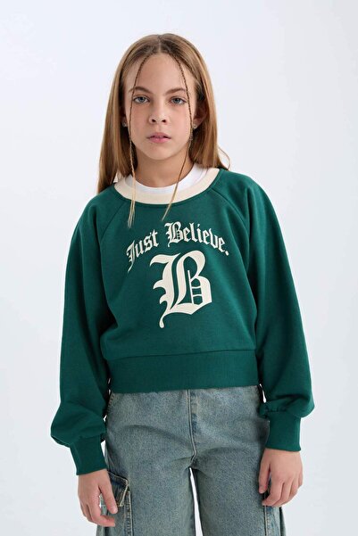 DeFacto Kız Çocuk Relax Fit Bisiklet Yaka Baskılı İçi Yumuşak Tüylü Sweatshirt D7042A824WN