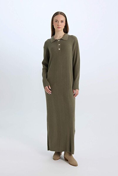 DeFacto Regular Fit Polo Yaka Basic Düz Maxi Triko Elbise D5434AX24WN