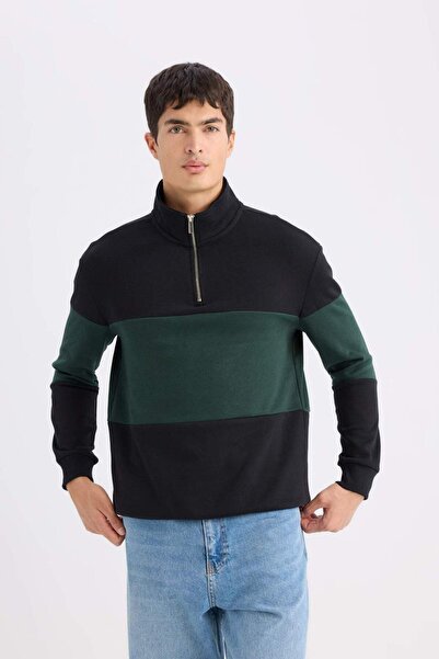 DeFacto Comfort Regular Fit Rahat Kalıp Dik Yaka Fermuarlı Çizgili Kalın Sweatshirt D2401AX24AU