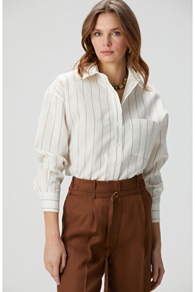 Network Bej Çizgili Keten Karışımlı Gömlek