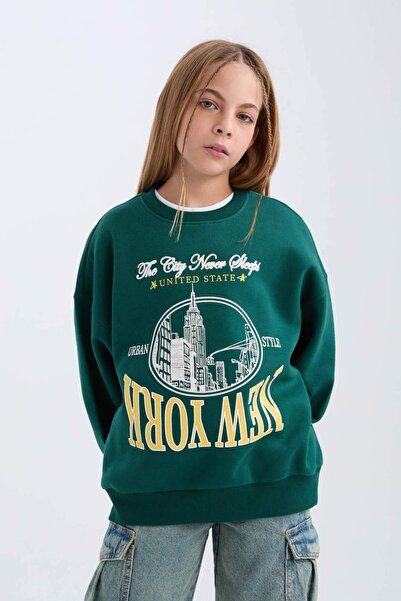DeFacto Kız Çocuk Oversize Geniş Kalıp Bisiklet Yaka Baskılı Sweatshirt D7045A824WN