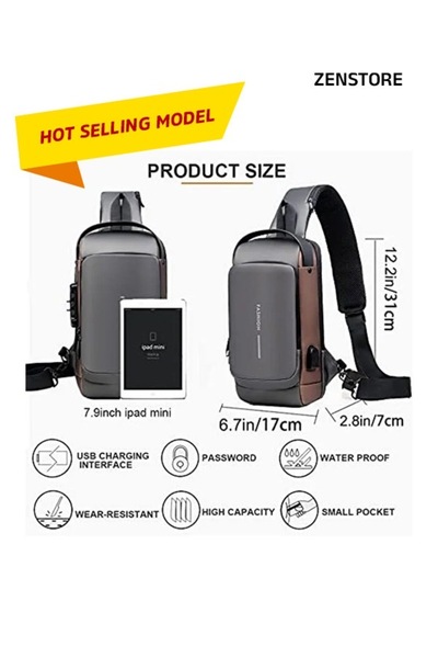 Zen Store brownWith Grey Anti Theft SlingBagwaterproofChest Daypack WithUsbChargingShoulderBackpack Chest Bag