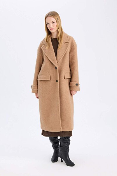 DeFacto Regular Fit Long Stamp Coat Επωμίδες Μπουφάν γιακά με τσέπες με κουμπιά D4016AX24WN