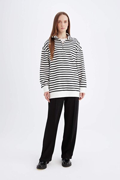 DeFacto Relax Fit Stand Collar Zipper Striped Inside Soft Furry Thick Sweatshirt Tunic E0840Ax24Wn