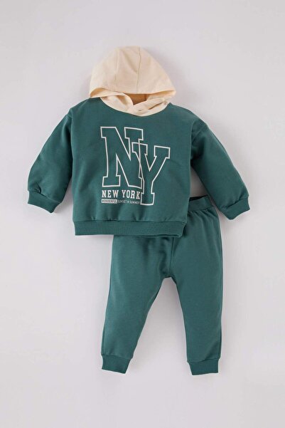 DeFacto Baby Boy 2-Piece Set Hooded Printed Sweatshirt Elastic Waist Sweatpants D6876A524Wn