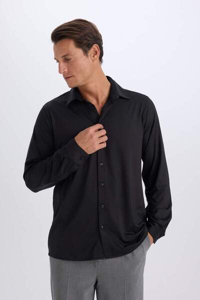DeFacto Slim Fit Dar Kesim Polo Yaka Uzun Kollu Siyah Gömlek D4525AX24AU
