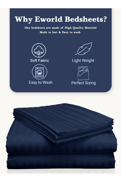 Eworld 3 Piece Navy Blue Striped Cotton Double Bed Sheet Set – Fitted Sheet & 2 Pillowcases