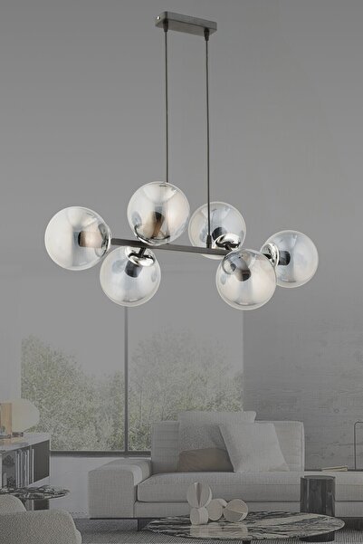 ESSLİGHT Miran 6 Lı Sıralı Avize Füme Glob Camlı Salon Mutfak Yatak Odası