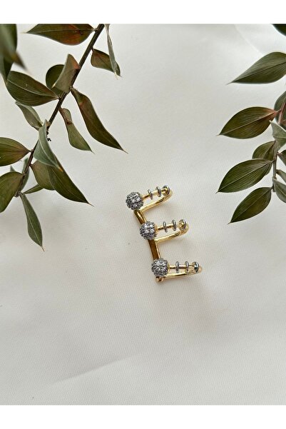 mibrillo Gold Üç Top Zirkon Taşlı Kırkırdak Küpe Earcuff