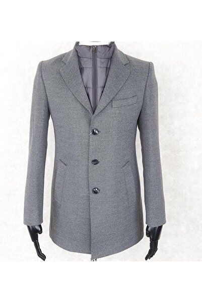 Jan Carlucci Erkek Slim Fit Gri Çıkmalı Ceket Yaka İçi Kapitoneli Tek Yırtmaç Dizüstü Kaşe Kaban