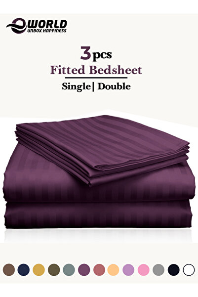 Eworld 3 Piece Purple Striped Cotton Double Bed Sheet Set – Fitted Sheet & 2 Pillowcases