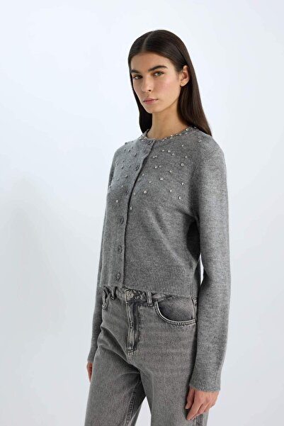 DeFacto Regular Fit Bisiklet Yaka Düğmeli Taşlı Triko Hırka E0772AX24WN