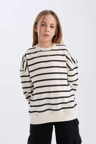DeFacto Girl's Striped School Sweatshirt - Oversize Crew Neck C7463A824Au