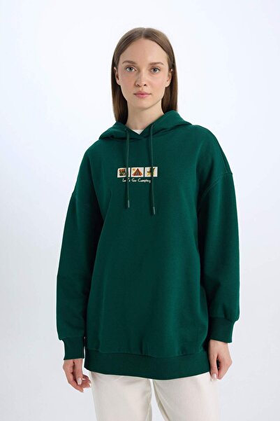 DeFacto Relax Fit Baskılı Kapüşonlu İçi Yumuşak Tüylü Kalın Sweatshirt Tunik E0318AX24WN