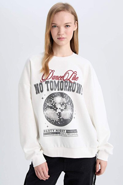 DeFacto Coool Loose Fit Bisiklet Yaka Baskılı Kalın Sweatshirt E1497AX24WN