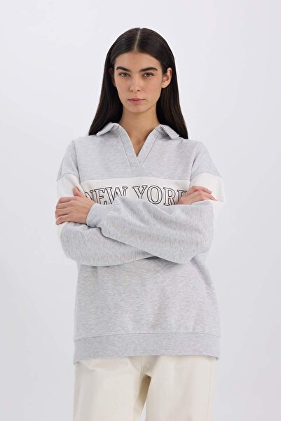 DeFacto Bedrucktes, dickes Sweatshirt mit Relax-Fit-Polokragen E3229AX24WN