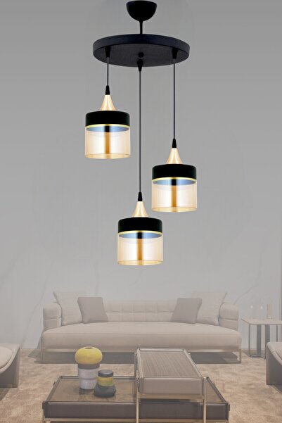 ESSLİGHT Nazlı 3 Lü Sarkıt Avize Bal Siyah Camlı Salon Mutfak Yatak Odası