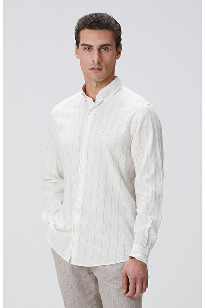 Network Kırık Beyaz Çizgi Desenli Keten Gömlek