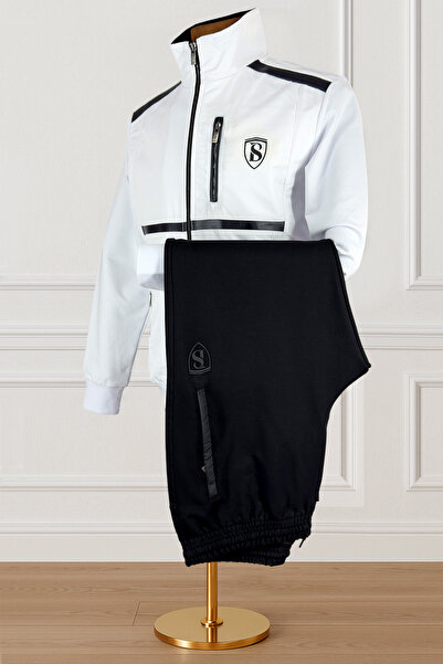 BESSA White Stand Collar Tracksuit Set Parachute Fabric Detailed Zipper Pocket Straight Leg Men's