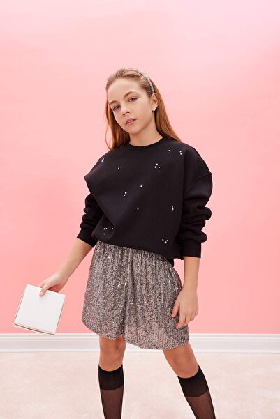 DeFacto Kız Çocuk Yılbaşı Temalı Oversize Geniş Kalıp Bisiklet Yaka Taşlı İçi Yumuşak Tüylü Sweatshirt D5420