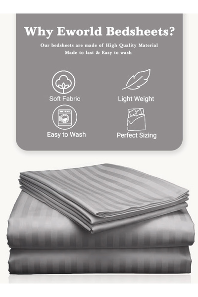 Eworld 3 Piece Gray Striped Cotton Double Bed Sheet Set – Fitted Sheet & 2 Pillowcases