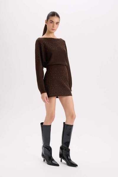 DeFacto A-Line Stone Embroidered Mini Knit Skirt E2287Ax24Wn
