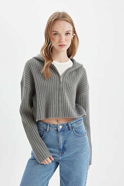 DeFacto Regular Fit Kapüşonlu Fermuarlı Triko Hırka C7335AX24WN