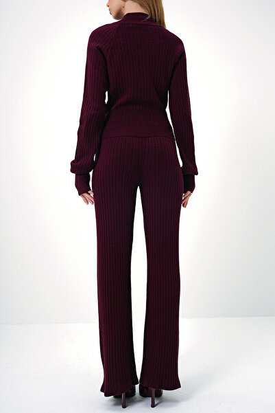 VAGGON Women's Burgundy Finger Detailed Knitwear Bottom Top Suit Prmx12696