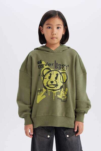 DeFacto Kız Çocuk Oversize Geniş Kalıp Kapüşonlu Baskılı Sweatshirt D1567A824WN