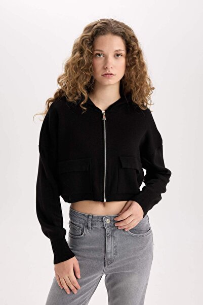 DeFacto Regular Fit Kapüşonlu Basic Düz Fermuarlı Triko Hırka E2270AXNS