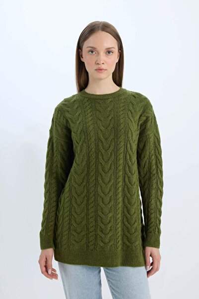 DeFacto Regular Fit Bisiklet Yaka Saç Örgü Desenli Triko Kazak Tunik B4284AX24WN