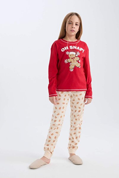 DeFacto Girls' Pajamas Set Christmas Themed Crew Neck Long Sleeve Top Long Bottom B4807A8