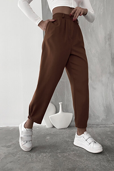 BEJNA Hnědé skládané dámské kalhoty - nohavici na knoflíky