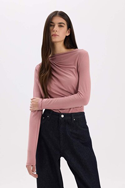 DeFacto Slim Fit Dar Kesim Kayık Yaka Basic Düz Uzun Kollu Bluz D5300AX24AU