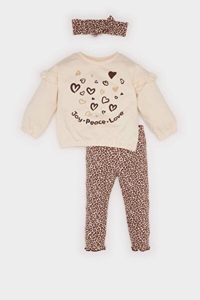 DeFacto Baby Girl 3-Piece Set Printed Crew Neck Sweatshirt Leopard Patterned Leggings D5148A524Wn