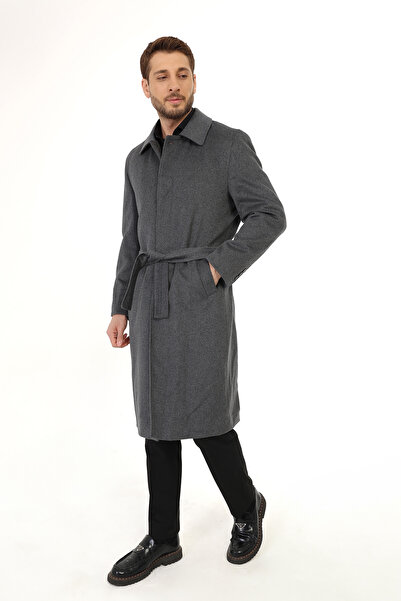 Jan Carlucci JANCARLUCCİ Erkek Yün-Kaşmir Karışımlı Açık Gri Kuşaklı Kaşe Uzu...