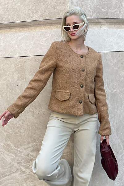 Madmext Плетено яке от норка - Закопчава се с копчета, джоб с букле, MG2170