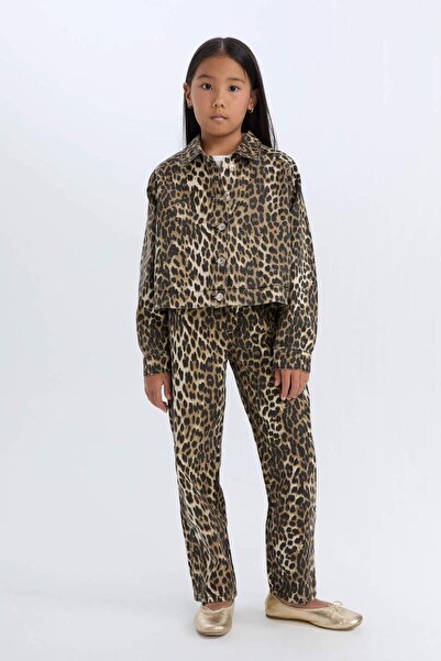 DeFacto Kız Çocuk Leopar Desenli 90's Wide Leg Düz Paça Gabardin Pantolon E2778A824WN