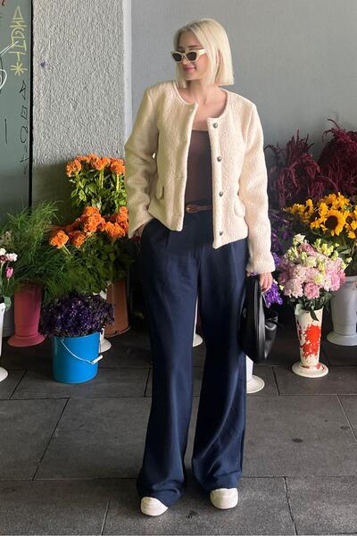 Madmext Bej Düğmeli Buklet Triko Cep Detaylı Ceket MG2170